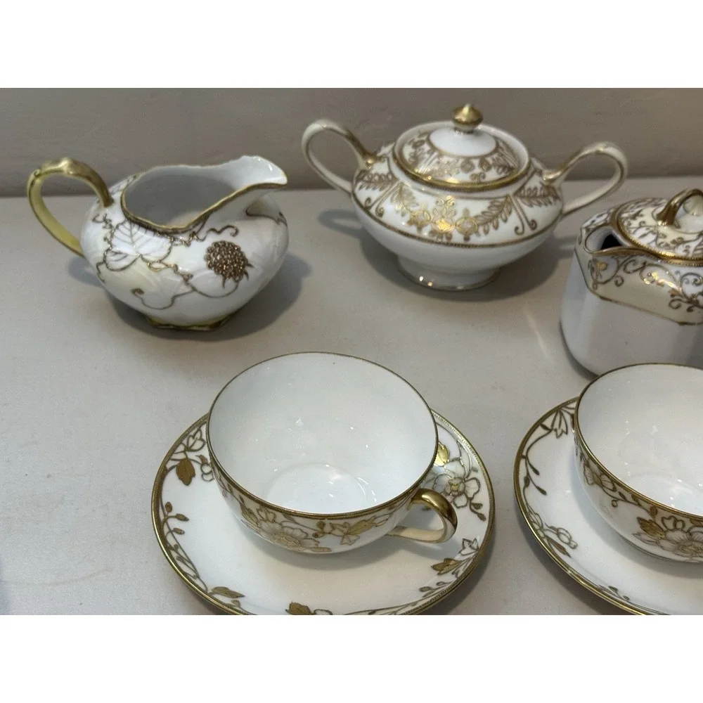 Vintage Mixed Set Bone china Nippon gold leaf  7 Piece China Tea Set